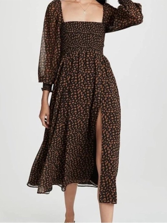 o.p.t Dresses & Skirts - O.P.T. Black Brown Smocked Long Sleeve Midi Dress XL NWT Cottage Flowy Polka Dot
